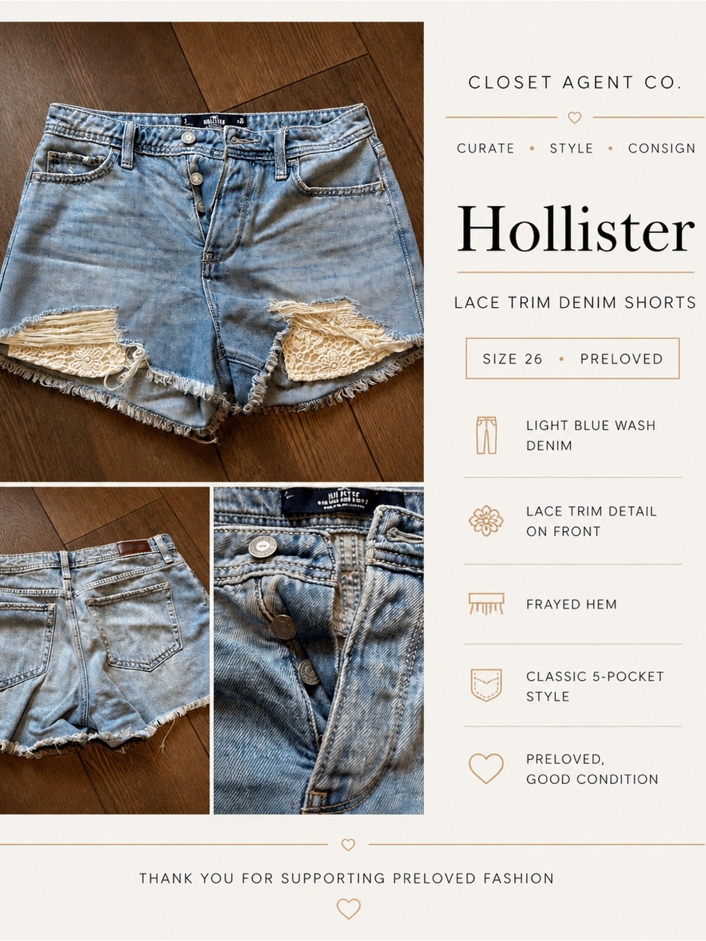 Hollister Light Blue Denim Shorts with Lace Insets